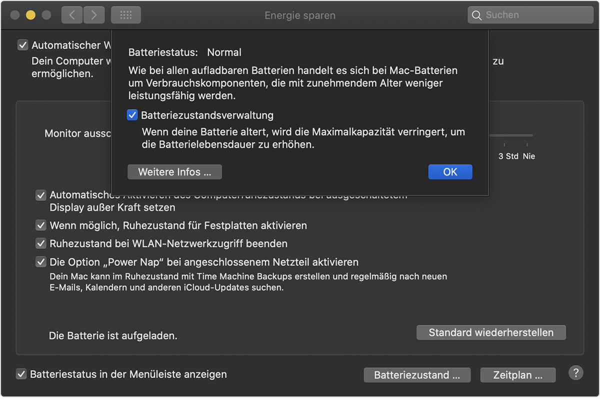 Batteriezustandsverwaltung deaktivieren
